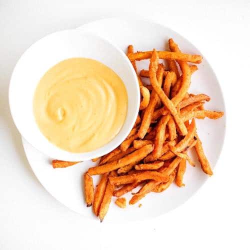 baked-sweet-potato-fries-and-The-Honest-Stand-cheese-style-dip-The-Honest-Stand-Certified-Paleo-Paleo-Vegan-Paleo-Foundation